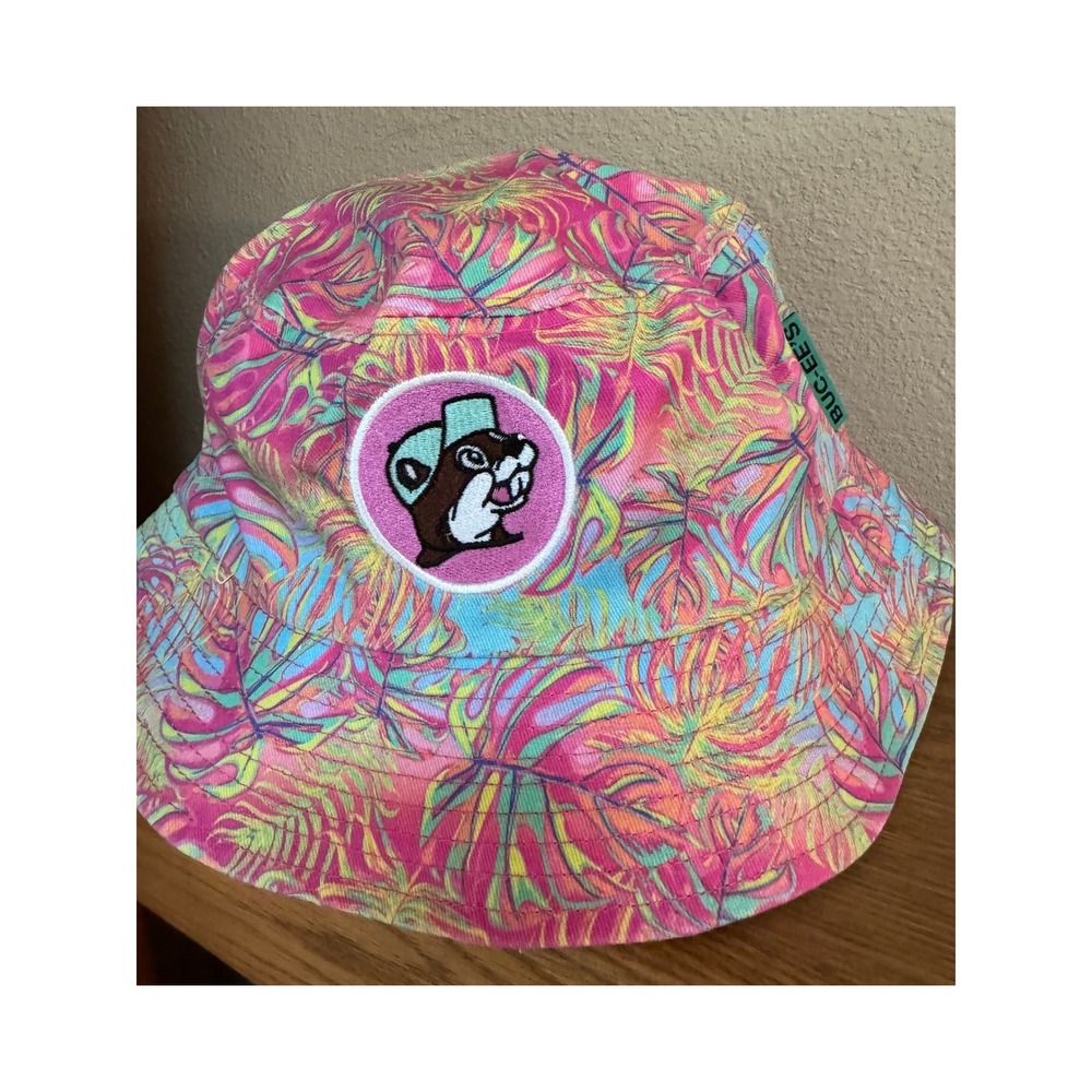 Buc-ee's Bucket Hat OSFM Unisex Pink Tropical Palm Leaf Beaver Mascot Patch